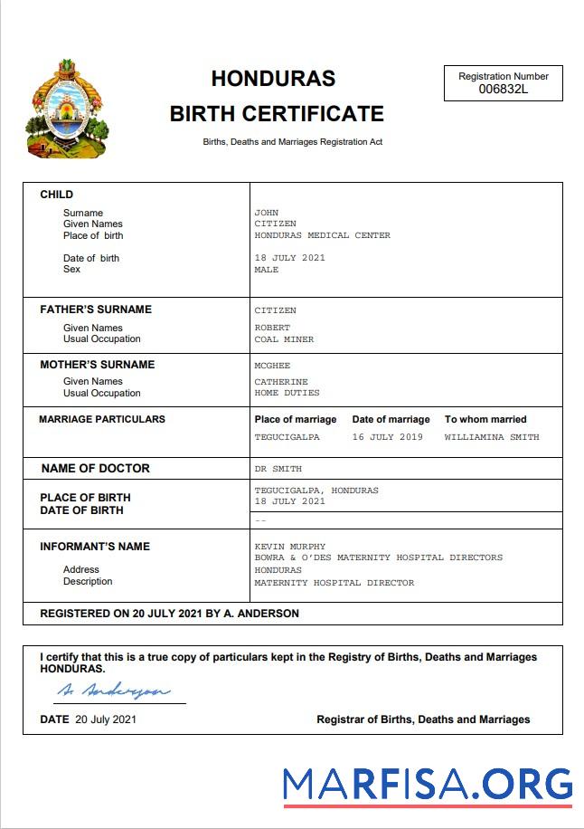 Printable Honduras birth certificate Word and PDF template